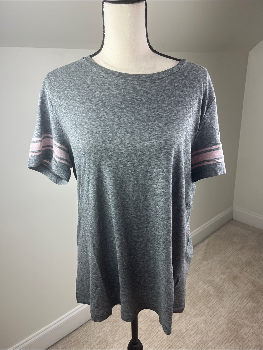J. Crew Tee Women's Heathered Grey Short Sleeve w/Pink Varsity Stripes L